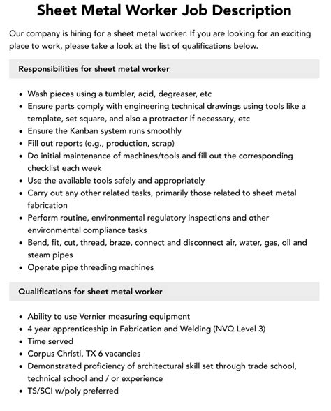 hvac sheet metal worker|sheet metal worker responsibilities.